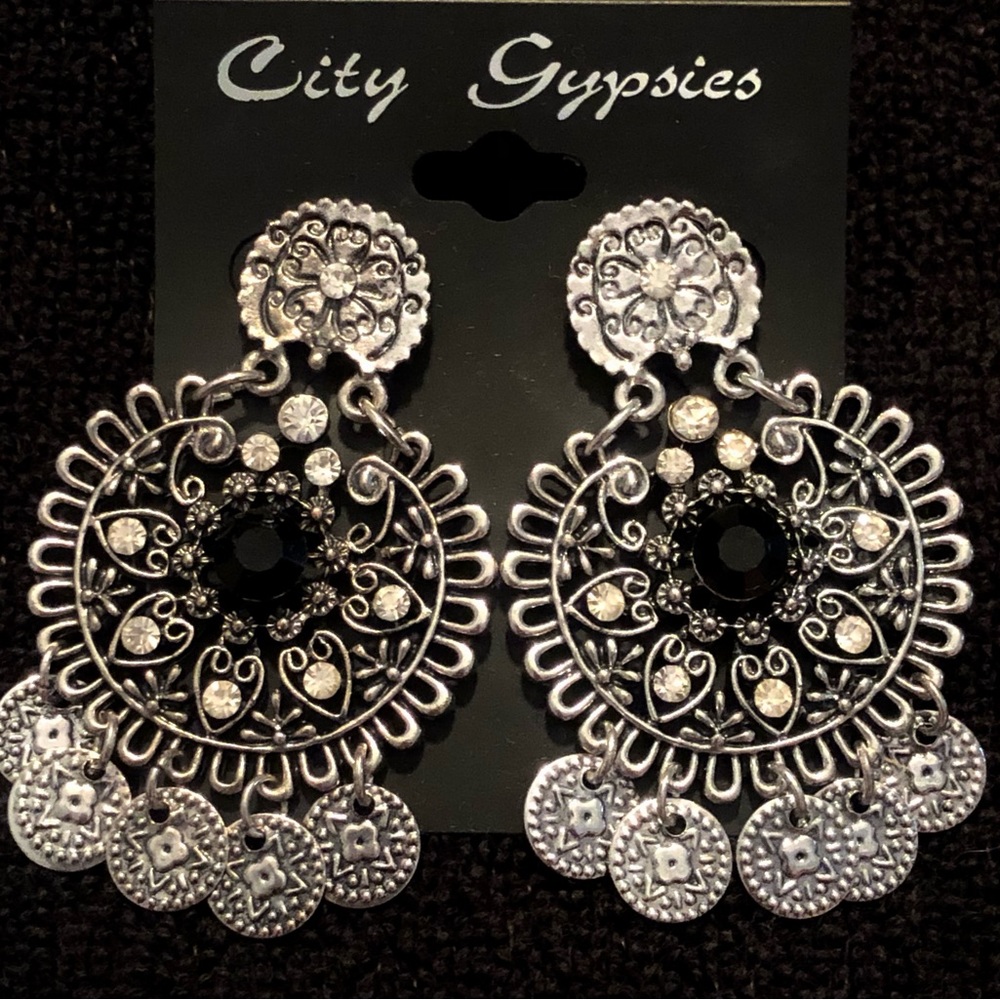 City Gypsies Silver & Black Toned Rhinestones Hearts Scroll Dangle Earrings